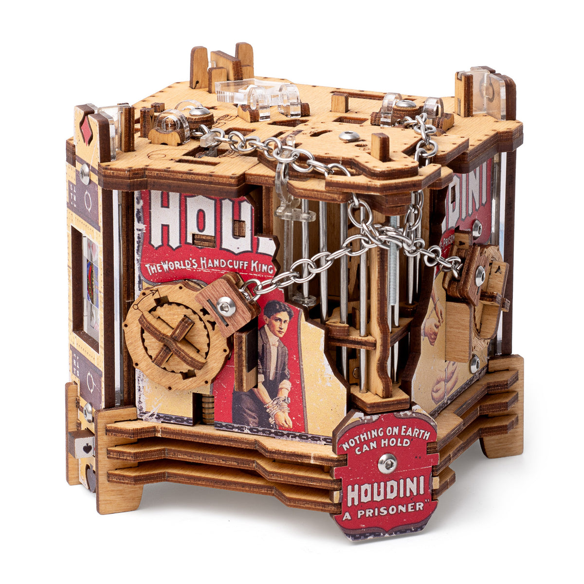Nærbillede af Houdini Double Escape Bundle-puzzlebox i træ med metalkæde, låsemekanik og vintage-plakattryk