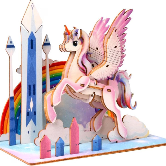 Unicorn 3D Puzzle fra EscapeWelt – 3D Træpuslespil for Kids vist som samlet model