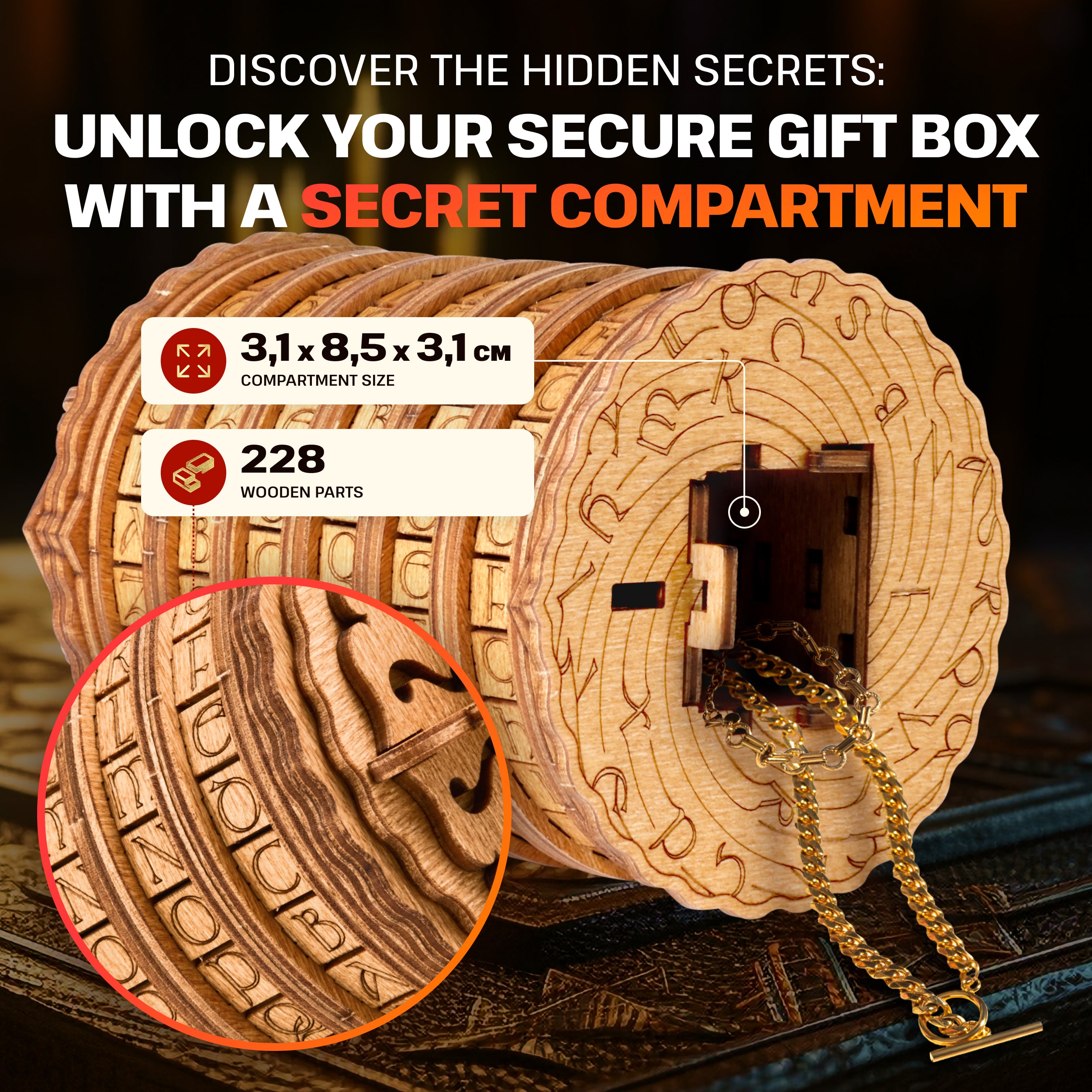 Detaljebillede af Cryptex fra EscapeWelt – Træpuslespil med kode og hemmeligt rum