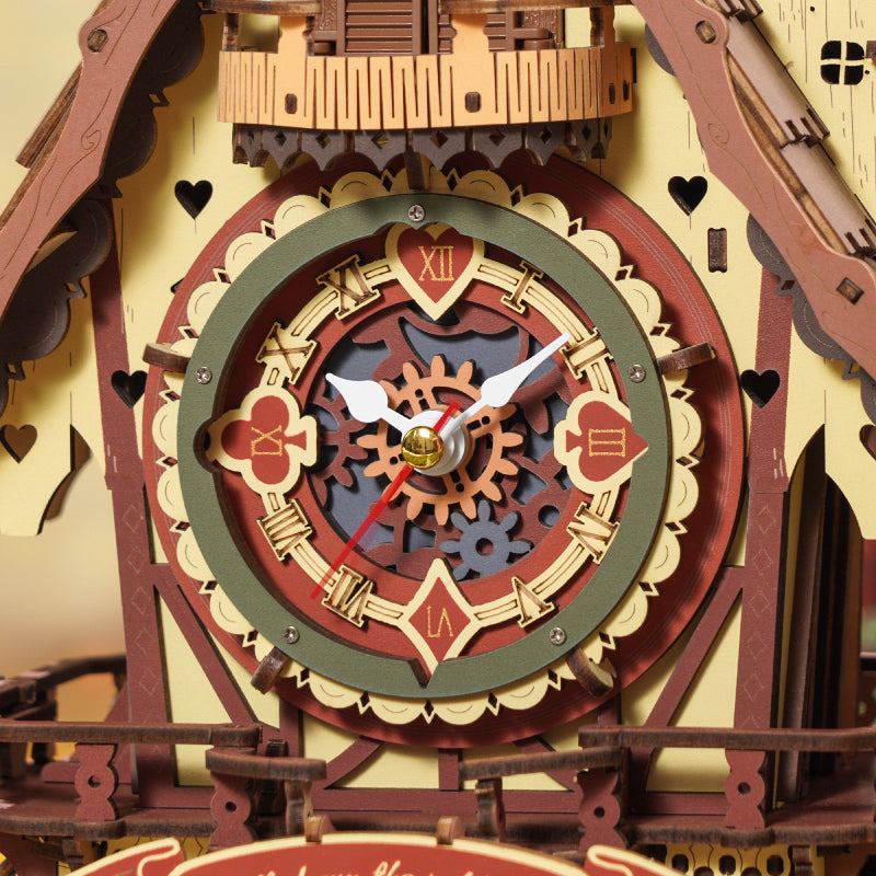 Detaljebillede af ROKR Cuckoo Clock – Mekanisk 3D Træpuslespil