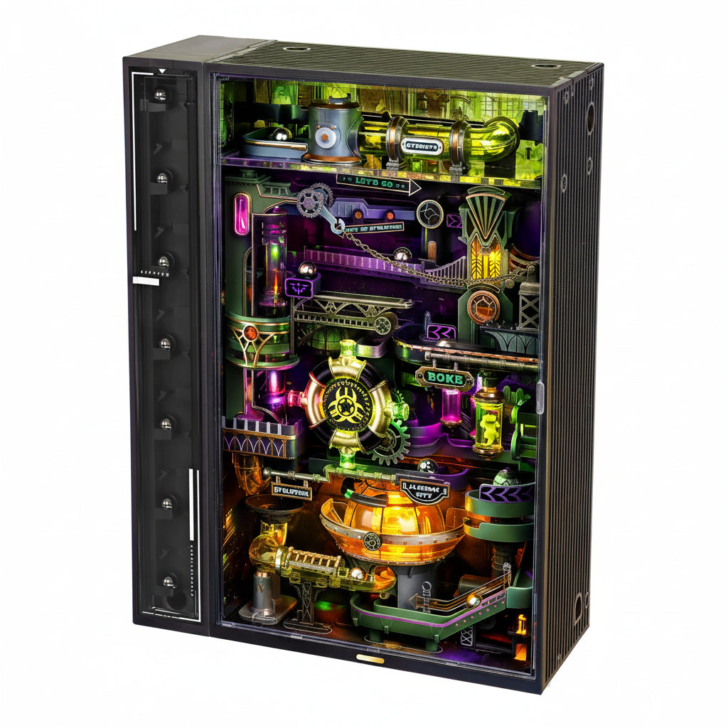 ROKR Alchemy City – Mekanisk Marble Run 3D Puzzle vist som samlet model