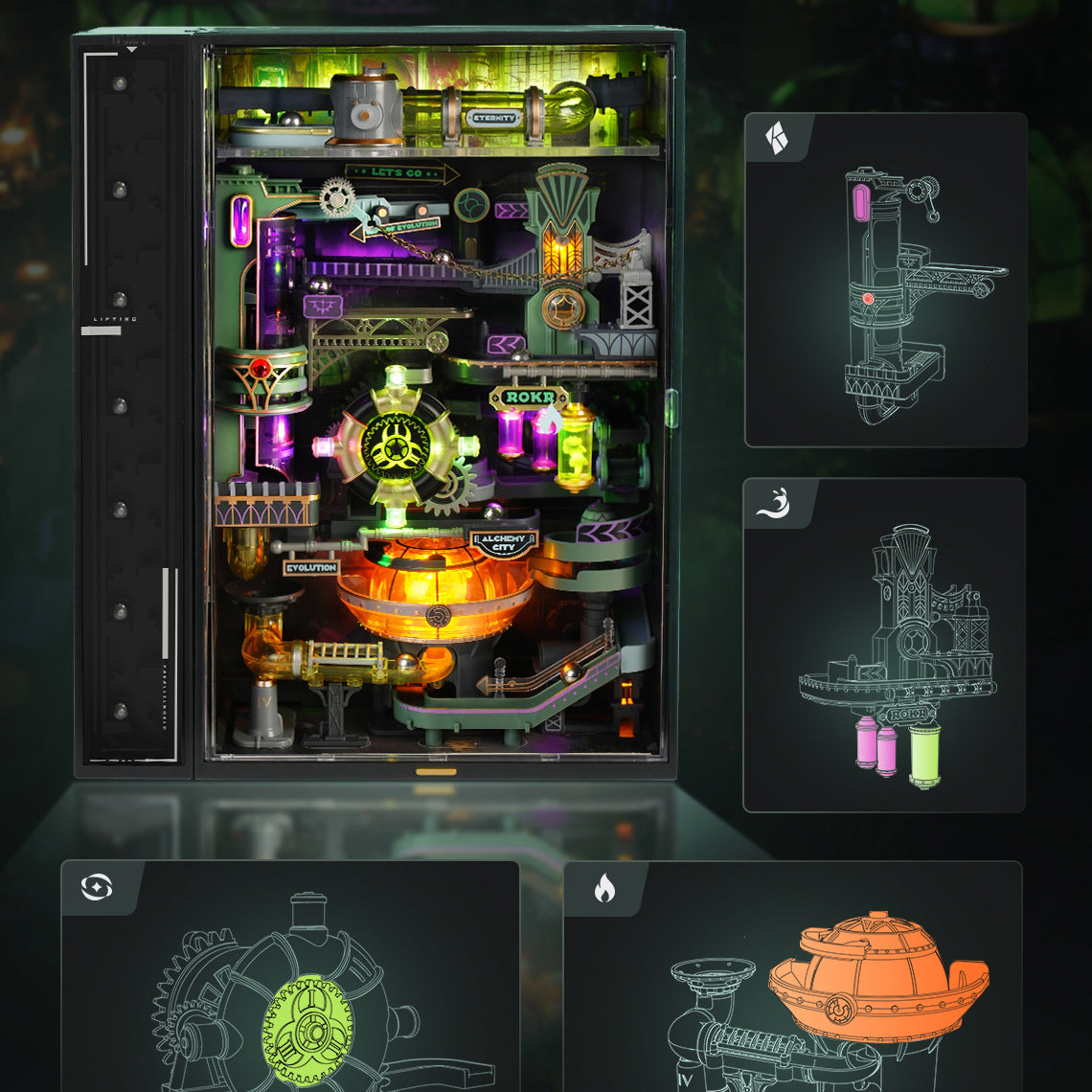 Detaljebillede af ROKR Alchemy City – Mekanisk Marble Run 3D Puzzle