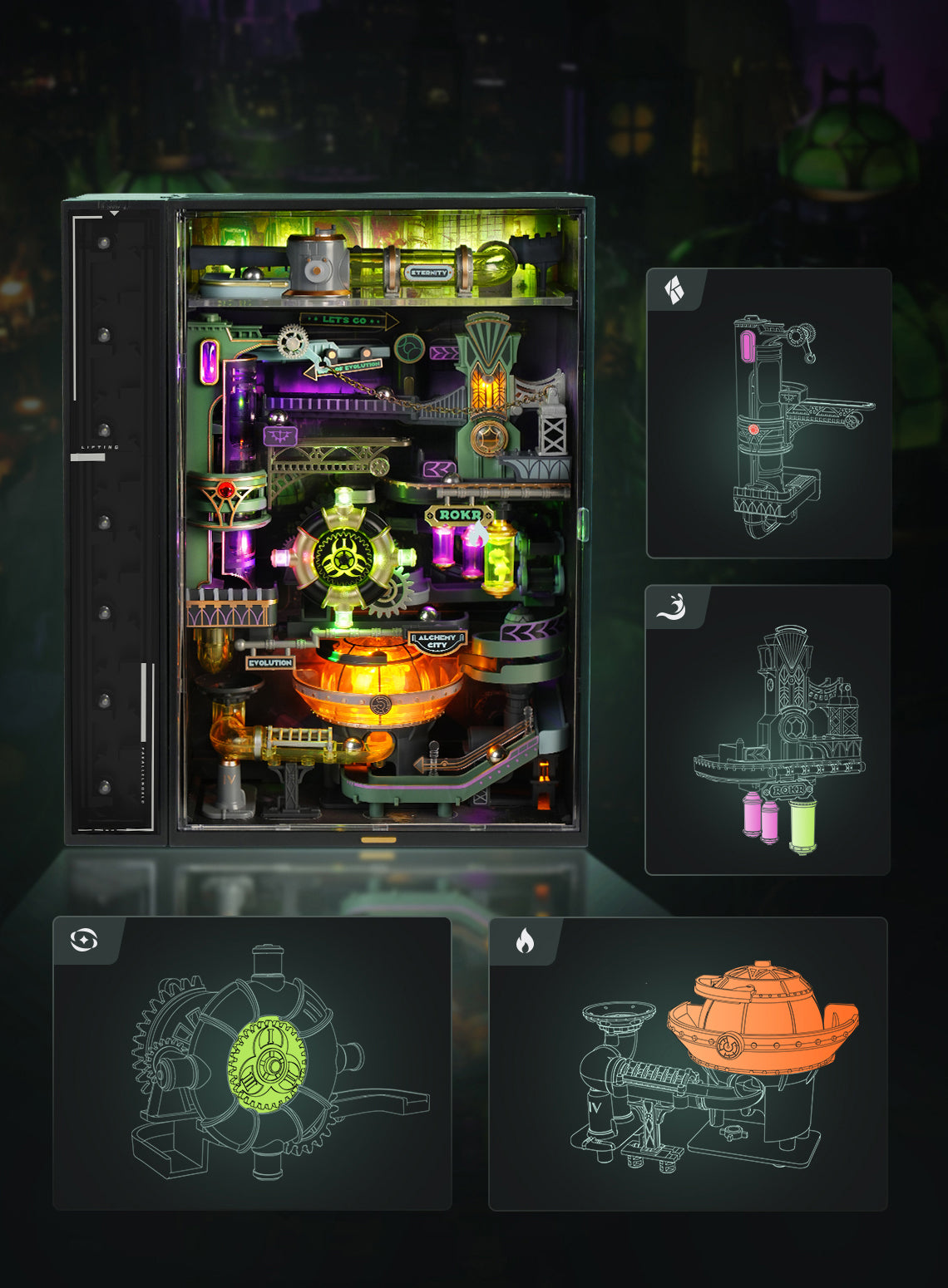 Detaljebillede af ROKR Alchemy City – Mekanisk Marble Run 3D Puzzle