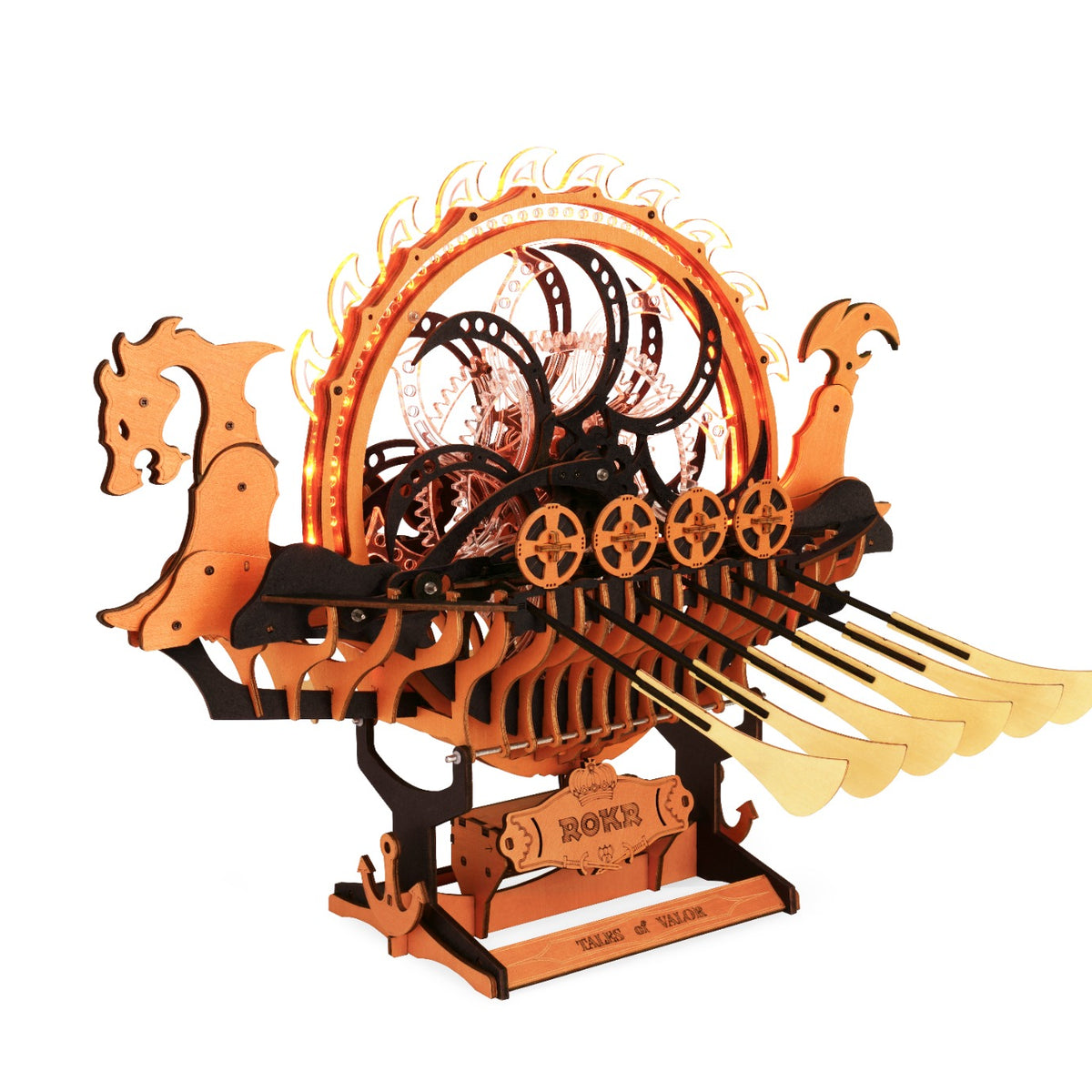 ROKR Viking Dragon Ship mekanisk 3D træmodel set fra skrå forside med roretænder og synlige tandhjul