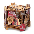 Nærbillede af Houdini Double Escape Bundle-puzzlebox i træ med metalkæde, låsemekanik og vintage-plakattryk