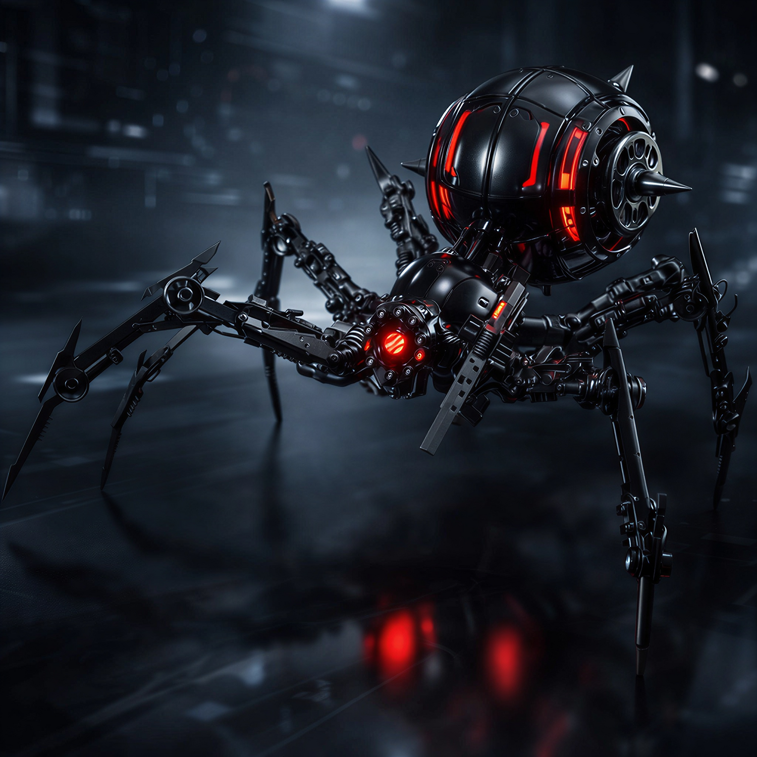 "3D Metal Puzzle edderkop i sort stål med rødt LED-lys – steampunk design"