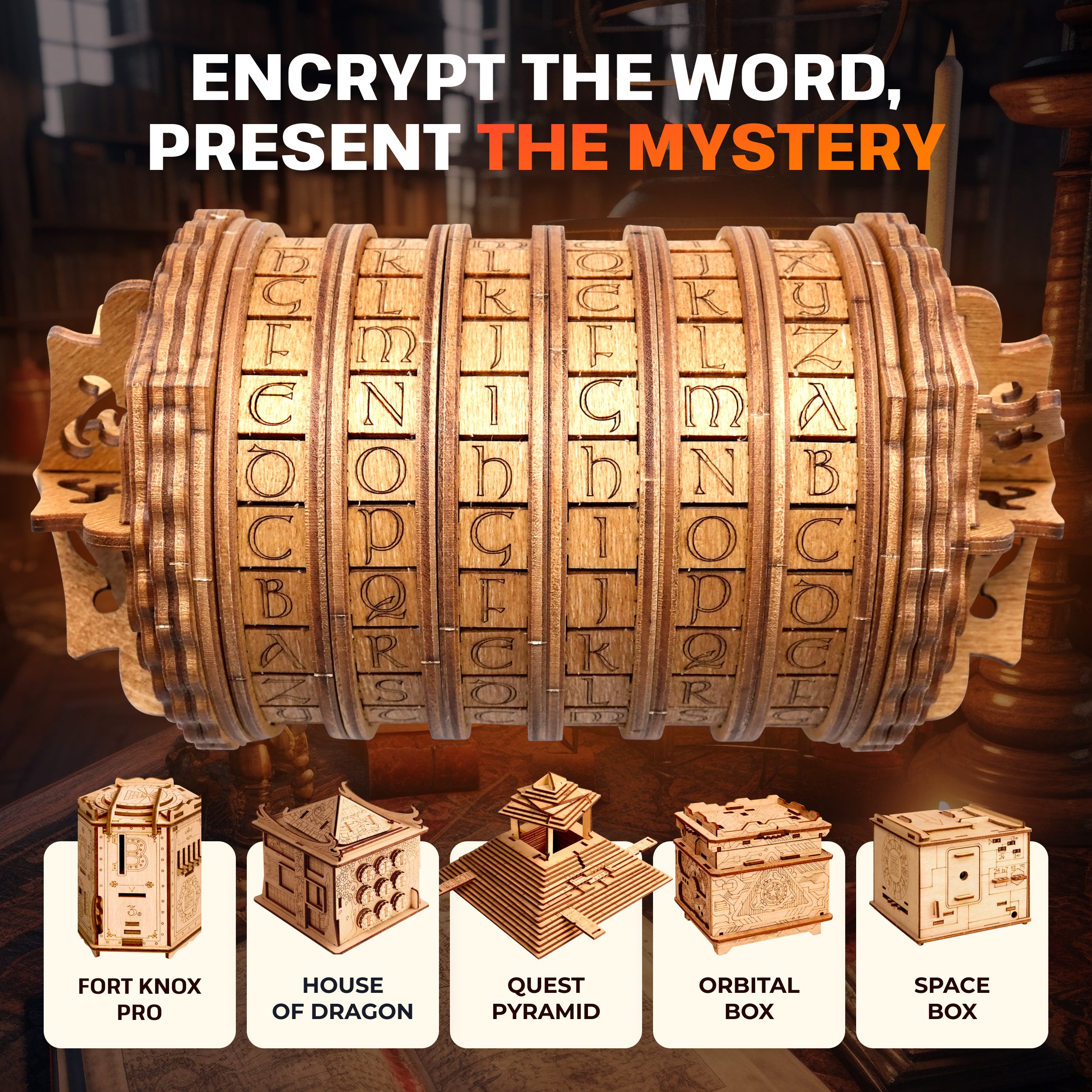 Detaljebillede af Cryptex fra EscapeWelt – Træpuslespil med kode og hemmeligt rum