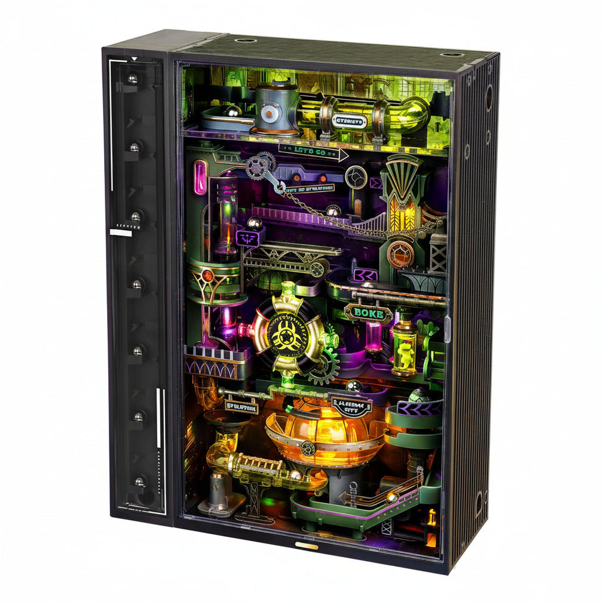ROKR Alchemy City – Mekanisk Marble Run 3D Puzzle vist som samlet model
